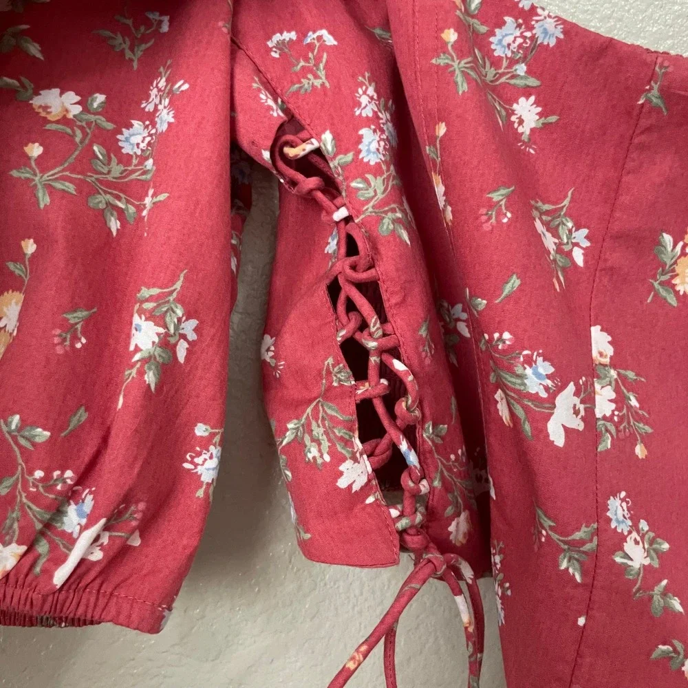 Abercrombie & Fitch Top Womens XS Pink Floral Puff Sleeve Crop Lace Up Smocked